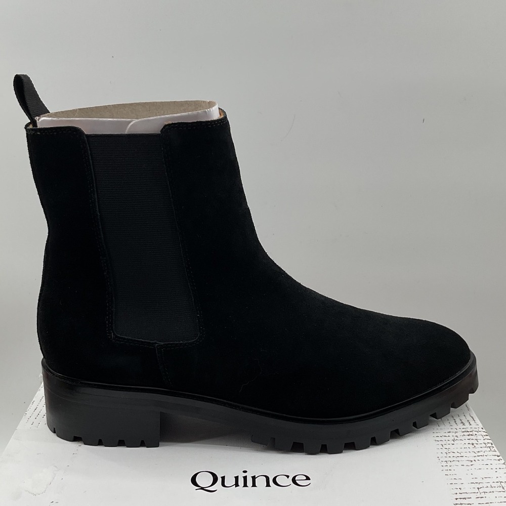 Quince Black Suede Pointed Toe Lug Sole Chelsea Ankle Boots with X Stitch Detail